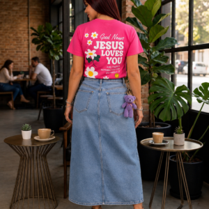 Camiseta Rosa, "Flor Jesus Loves You"