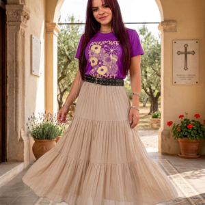 Camiseta, Roxo"Abundance".Com Flores.