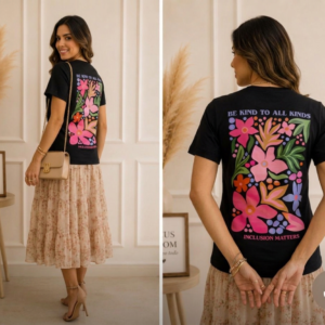 Camiseta, Preta, "Flores Be Kind To All Kinds".