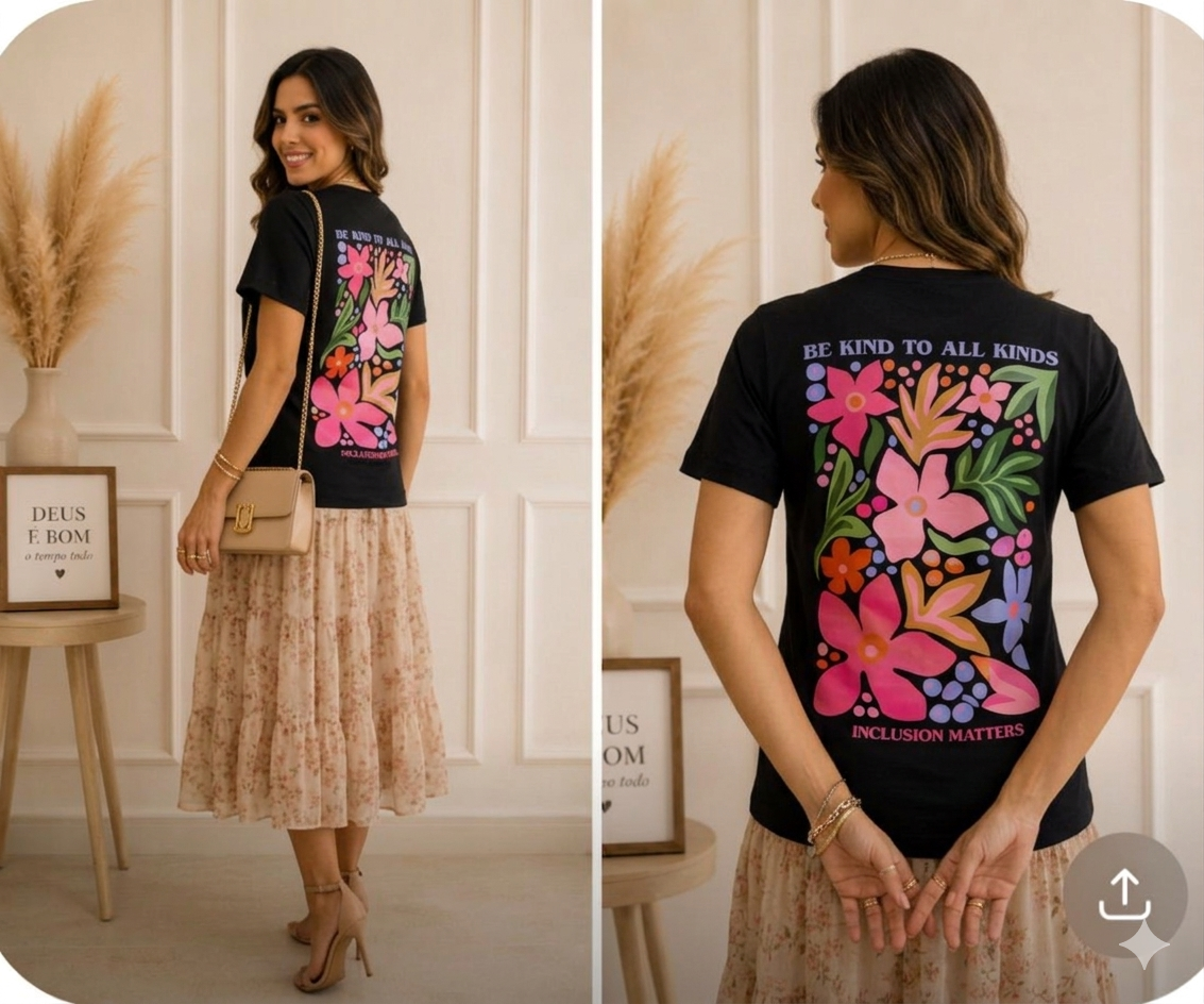 Camiseta, Preta, "Flores Be Kind To All Kinds".