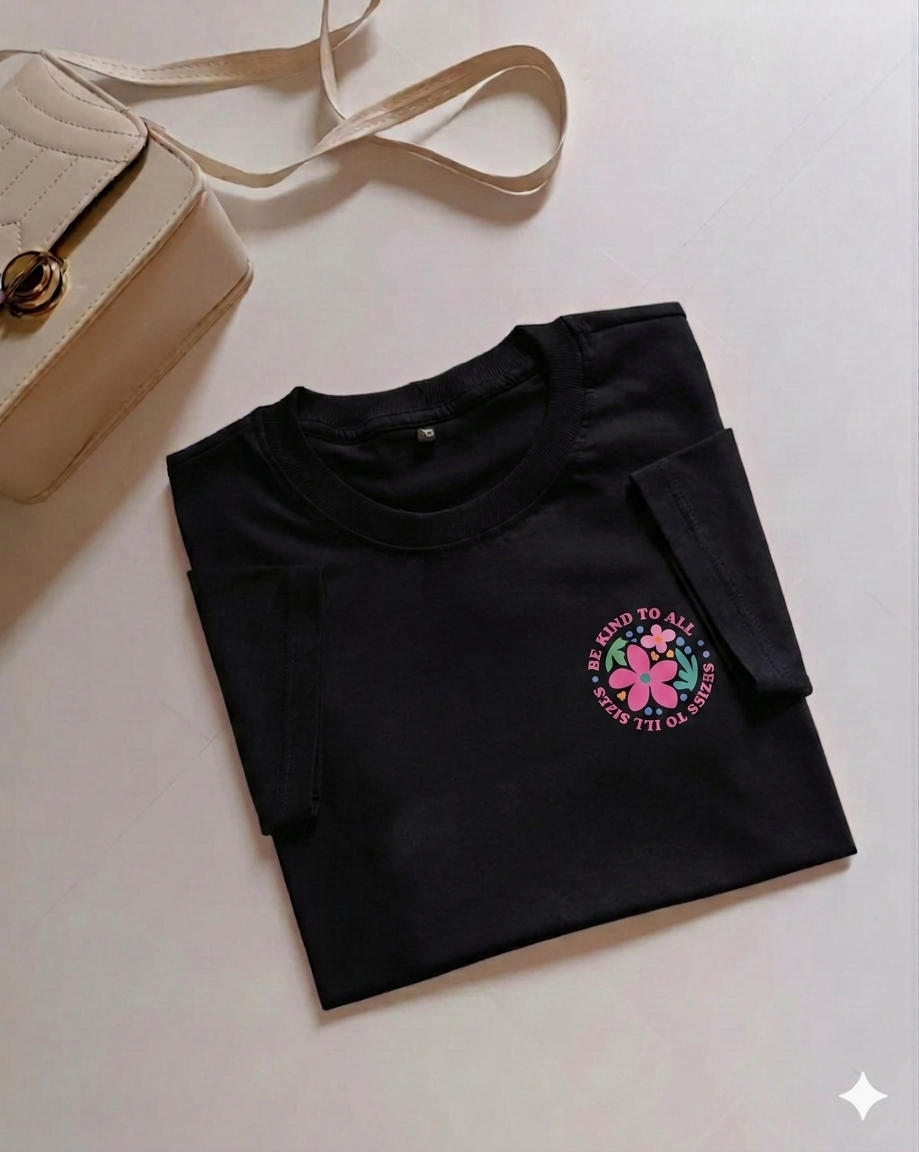 Camiseta, Preta, "Flores Be Kind To All Kinds". - Imagem 2
