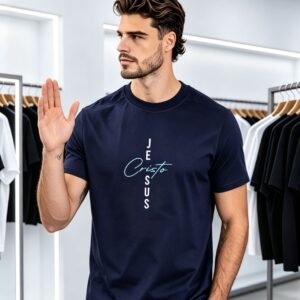 Camiseta Masculina Azul," Jesus Cristo".