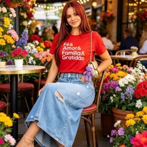 Camiseta, Vermelha,"Fé & Amor, Família & Gratidão".